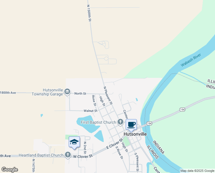 map of restaurants, bars, coffee shops, grocery stores, and more near North Mill Street in Hutsonville