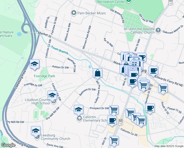 map of restaurants, bars, coffee shops, grocery stores, and more near 308 Rock Spring Drive Southwest in Leesburg