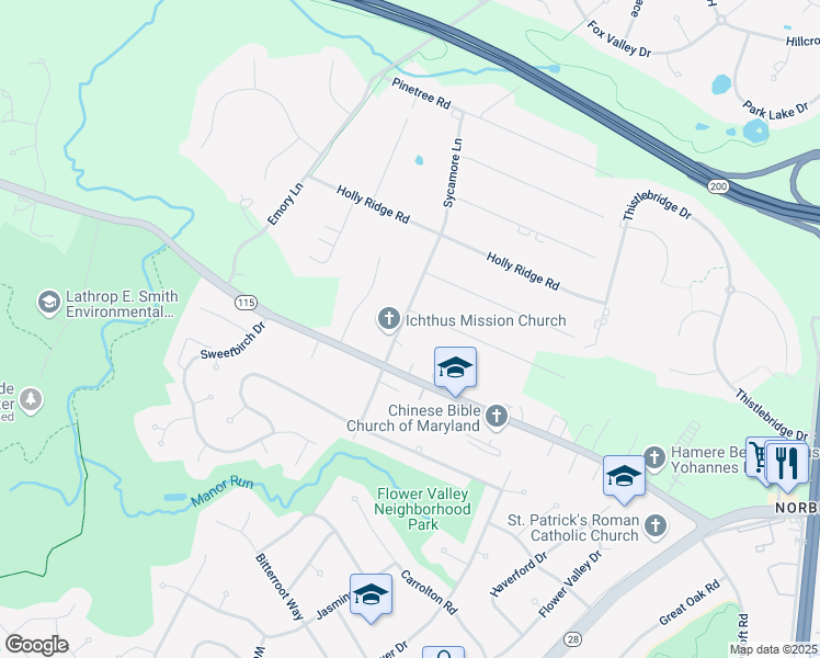 map of restaurants, bars, coffee shops, grocery stores, and more near 15707 Sycamore Lane in Rockville