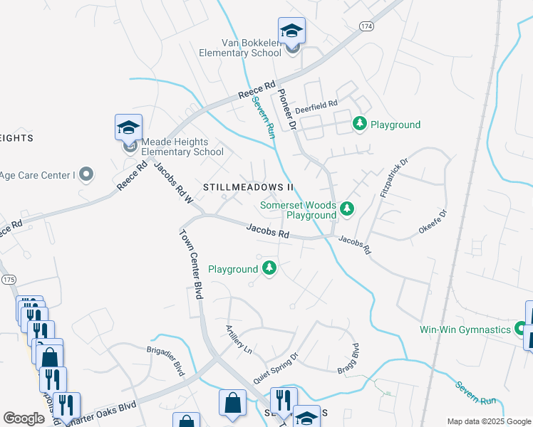 map of restaurants, bars, coffee shops, grocery stores, and more near 8225 Coatsbridge Court in Severn