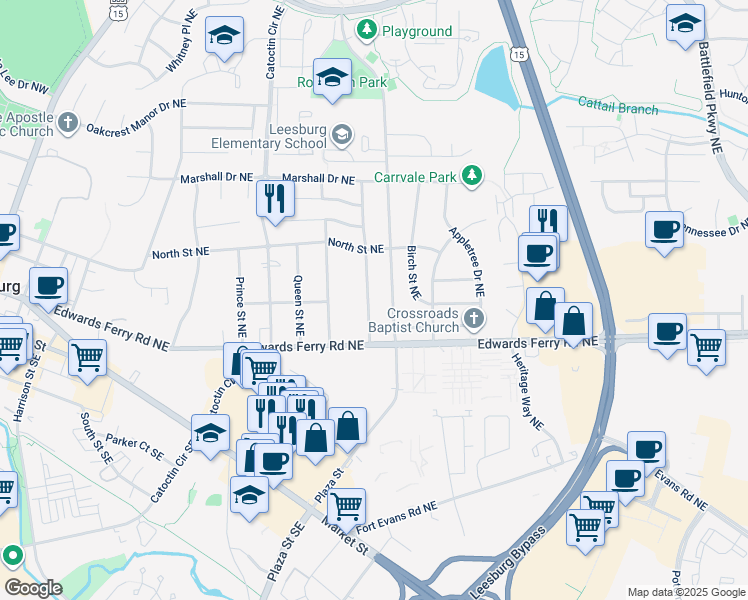 map of restaurants, bars, coffee shops, grocery stores, and more near 120 Mayfair Drive Northeast in Leesburg