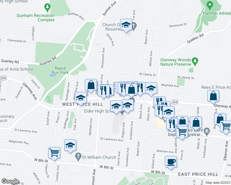 map of restaurants, bars, coffee shops, grocery stores, and more near 1218 Gilsey Avenue in Cincinnati