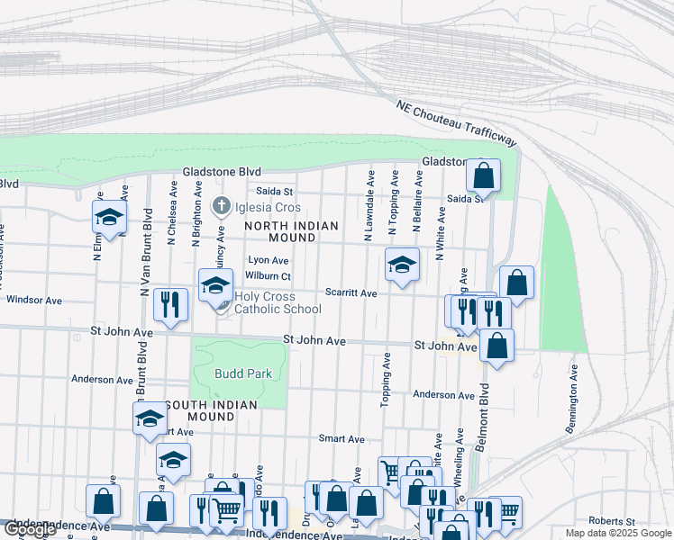 map of restaurants, bars, coffee shops, grocery stores, and more near 320 North Oakley Avenue in Kansas City