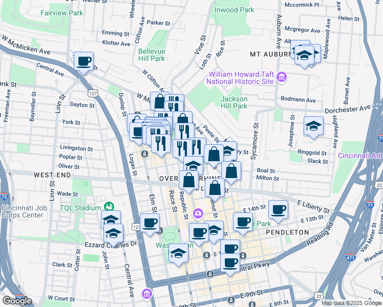 map of restaurants, bars, coffee shops, grocery stores, and more near 1669 Hamer Street in Cincinnati