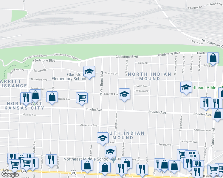 map of restaurants, bars, coffee shops, grocery stores, and more near 327 North Chelsea Avenue in Kansas City