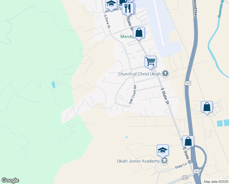 map of restaurants, bars, coffee shops, grocery stores, and more near 312 Oak Knoll Road in Ukiah