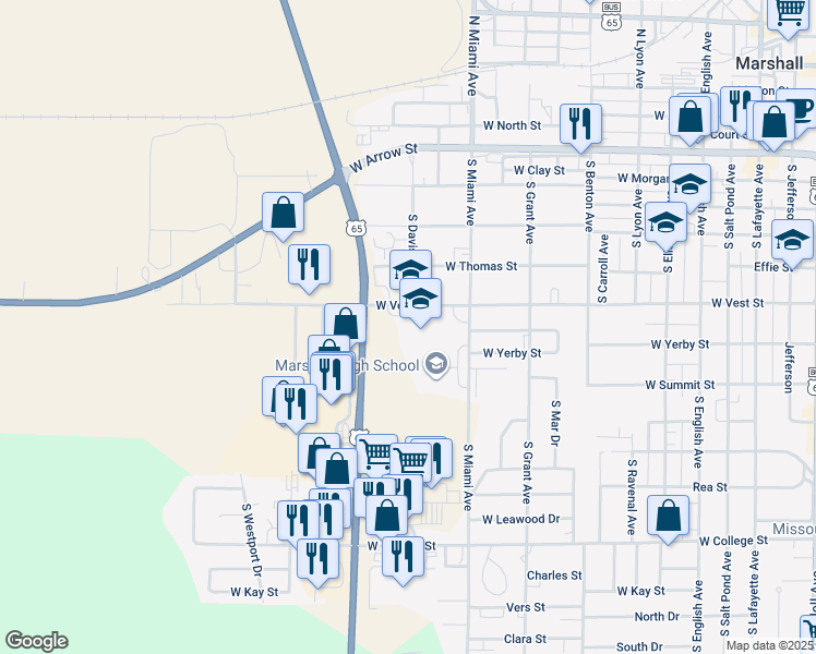 map of restaurants, bars, coffee shops, grocery stores, and more near 900 West Vest Street in Marshall