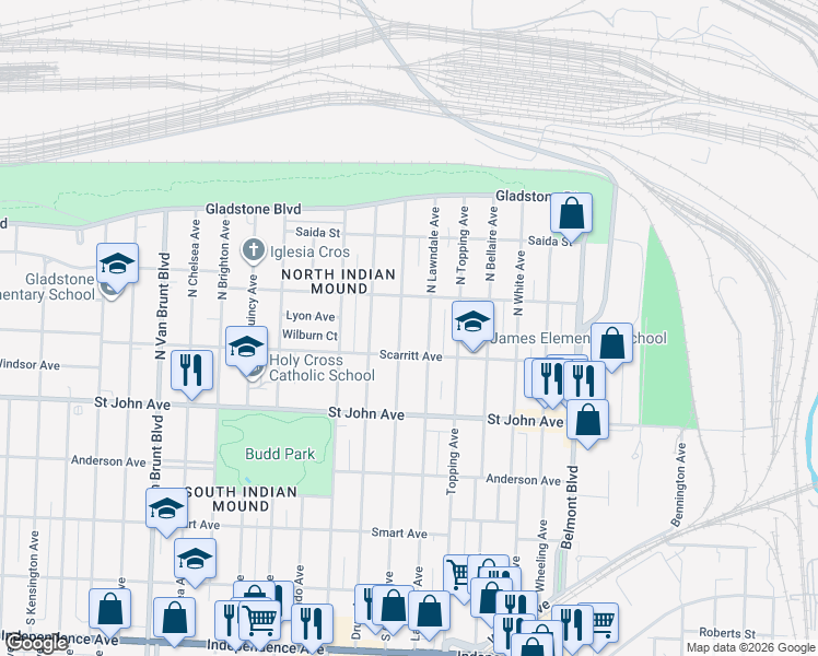 map of restaurants, bars, coffee shops, grocery stores, and more near 323 North Oakley Avenue in Kansas City