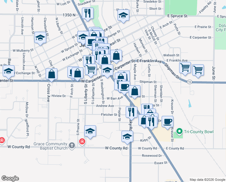 map of restaurants, bars, coffee shops, grocery stores, and more near 508 South State Street in Jerseyville