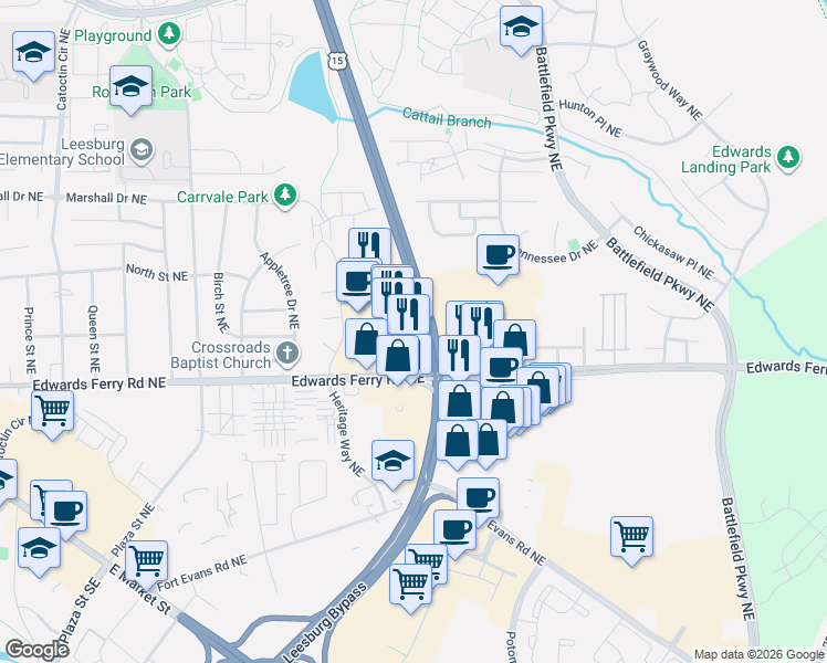 map of restaurants, bars, coffee shops, grocery stores, and more near 980 Edwards Ferry Road Northeast in Leesburg