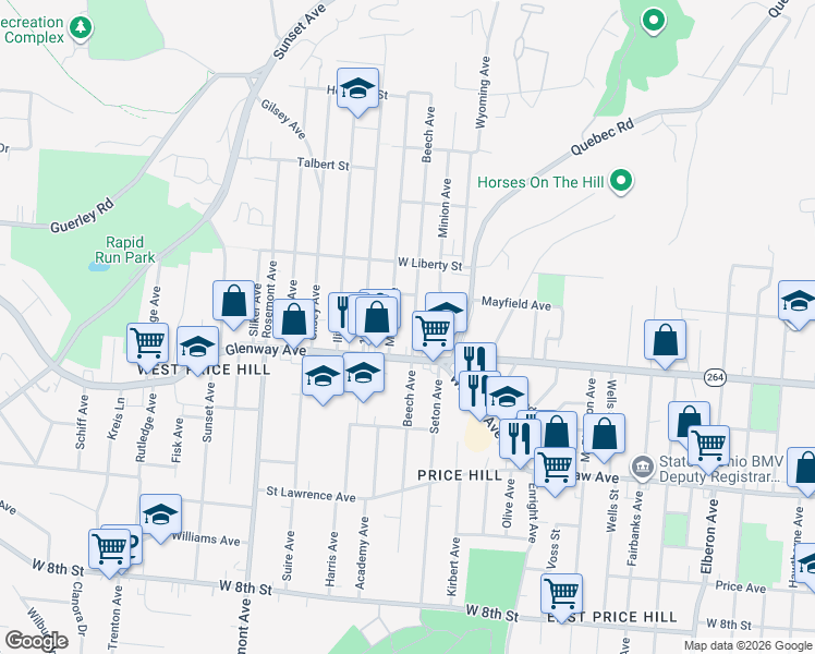 map of restaurants, bars, coffee shops, grocery stores, and more near 1241 Beech Avenue in Cincinnati