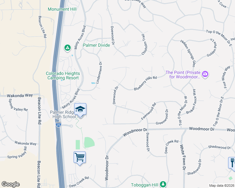 map of restaurants, bars, coffee shops, grocery stores, and more near 19535 Doewood Drive in Monument
