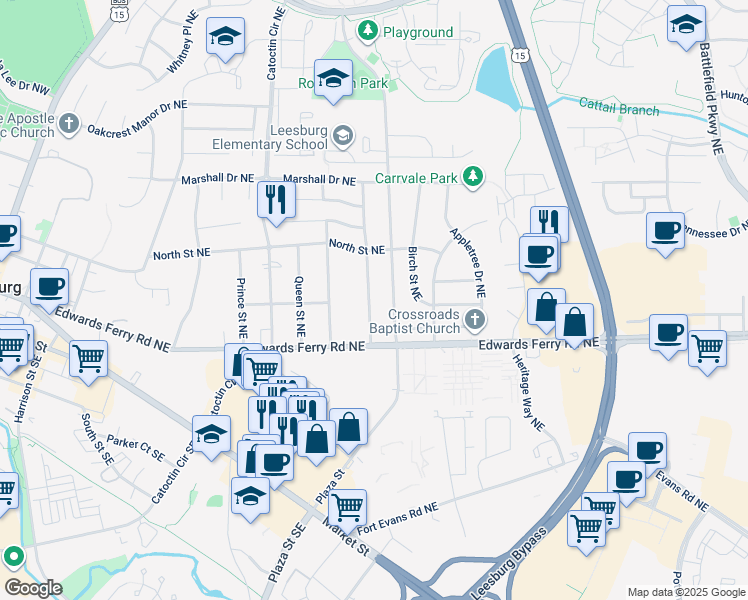 map of restaurants, bars, coffee shops, grocery stores, and more near 120 Mayfair Drive Northeast in Leesburg