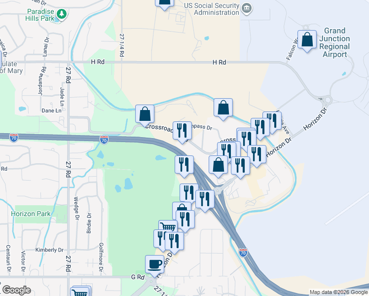 map of restaurants, bars, coffee shops, grocery stores, and more near 2751 Crossroads Boulevard in Grand Junction