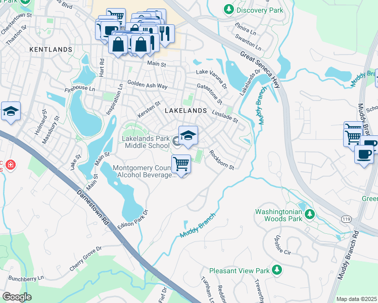 map of restaurants, bars, coffee shops, grocery stores, and more near 1200 Main Street in Gaithersburg
