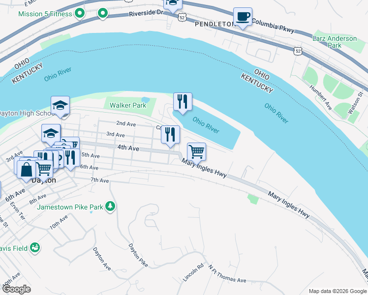 map of restaurants, bars, coffee shops, grocery stores, and more near 1181 Manhattan Boulevard in Dayton