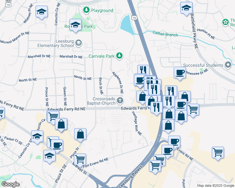 map of restaurants, bars, coffee shops, grocery stores, and more near 910 Birch Street Northeast in Leesburg