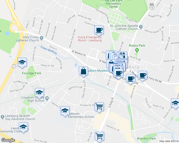 map of restaurants, bars, coffee shops, grocery stores, and more near 220 Occoquan Terrace Southwest in Leesburg