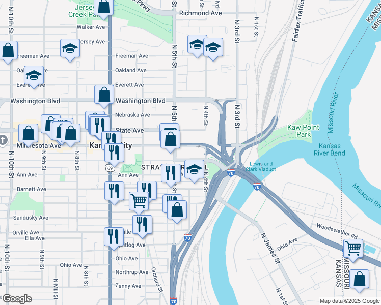 map of restaurants, bars, coffee shops, grocery stores, and more near 901 North 5th Street in Kansas City