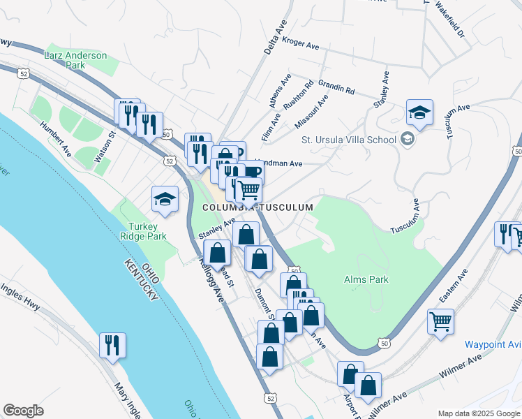 map of restaurants, bars, coffee shops, grocery stores, and more near 3573 U.S. 50 in Cincinnati