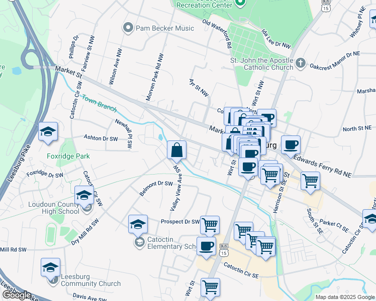 map of restaurants, bars, coffee shops, grocery stores, and more near 224 Occoquan Terrace Southwest in Leesburg