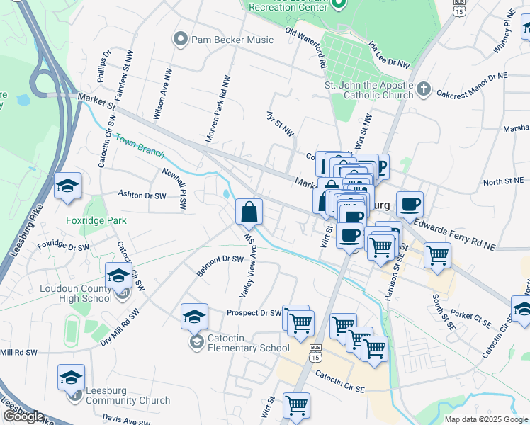 map of restaurants, bars, coffee shops, grocery stores, and more near 224 Occoquan Terrace Southwest in Leesburg