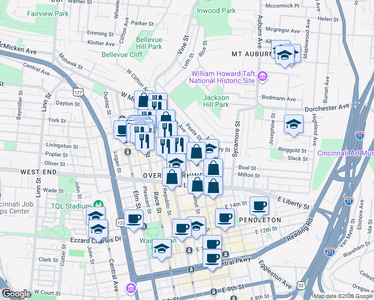 map of restaurants, bars, coffee shops, grocery stores, and more near 76 East McMicken Avenue in Cincinnati