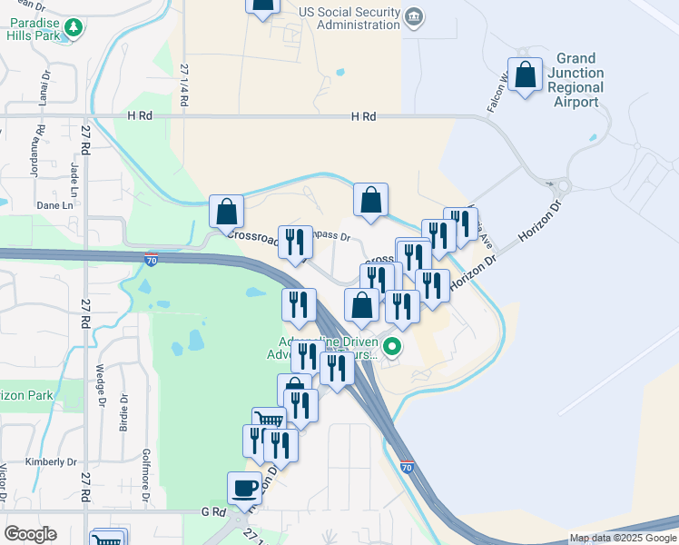 map of restaurants, bars, coffee shops, grocery stores, and more near 2770 Crossroads Boulevard in Grand Junction