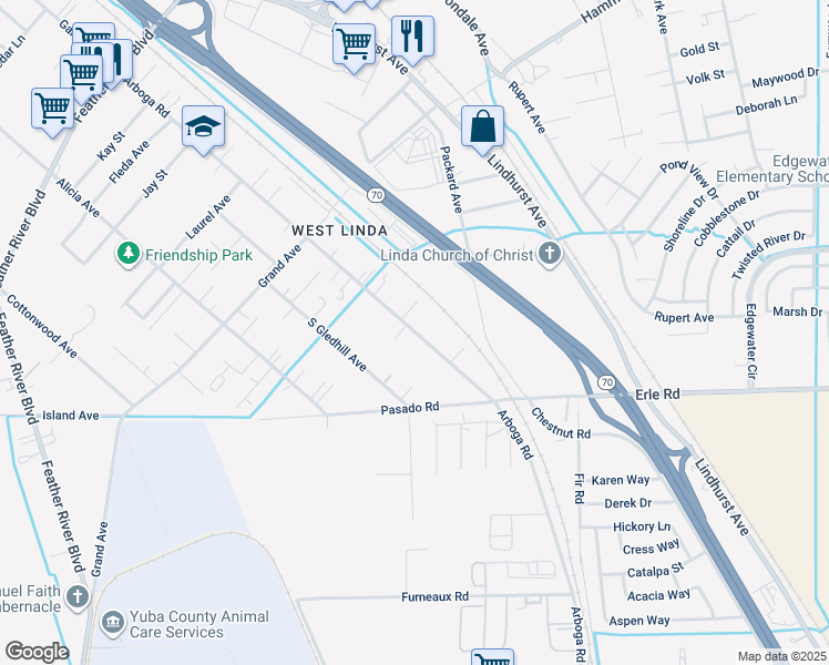 map of restaurants, bars, coffee shops, grocery stores, and more near 5575 Arboga Road in Olivehurst