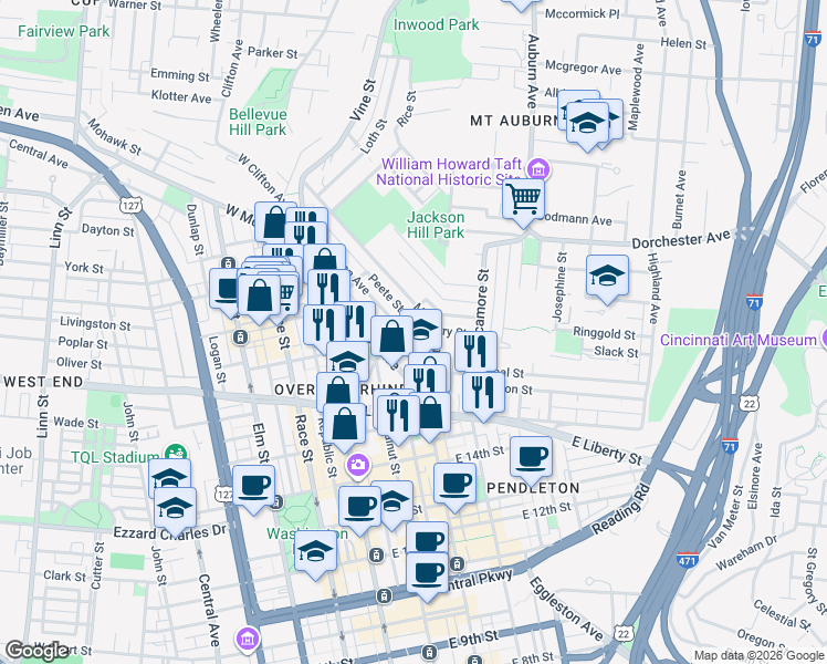 map of restaurants, bars, coffee shops, grocery stores, and more near 206 Peete Street in Cincinnati