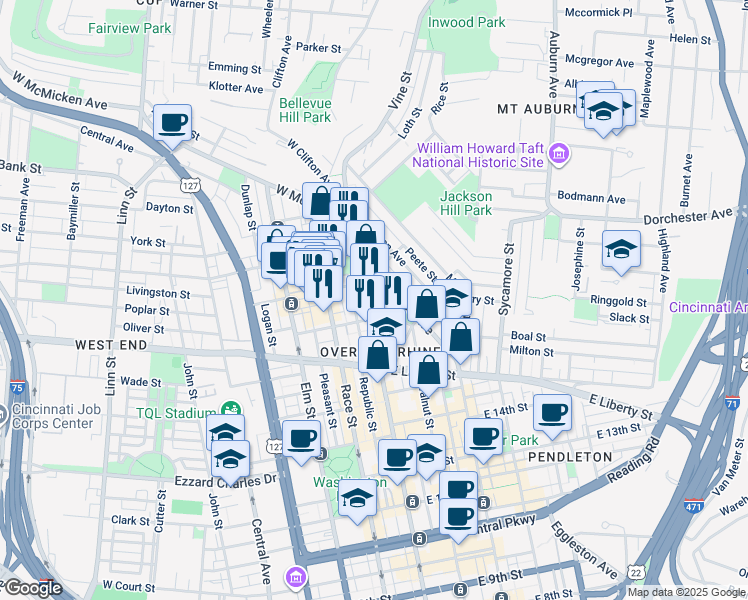 map of restaurants, bars, coffee shops, grocery stores, and more near 1669 Hamer Street in Cincinnati
