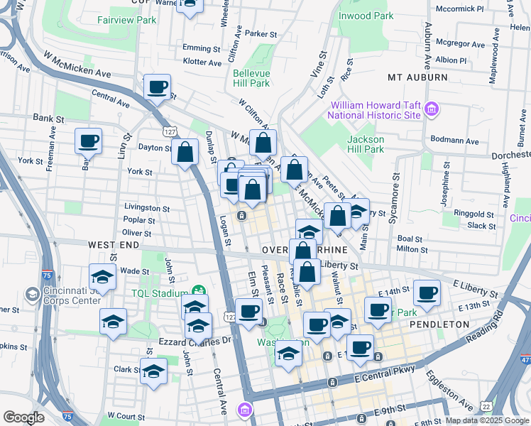 map of restaurants, bars, coffee shops, grocery stores, and more near 116 West Elder Street in Cincinnati