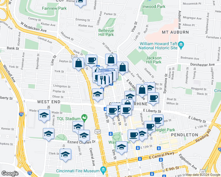 map of restaurants, bars, coffee shops, grocery stores, and more near 116 West Elder Street in Cincinnati