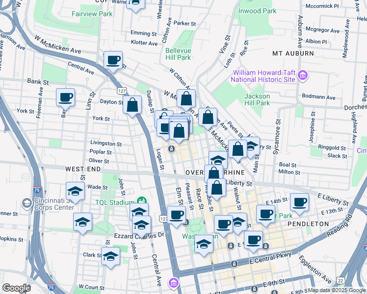 map of restaurants, bars, coffee shops, grocery stores, and more near 116 West Elder Street in Cincinnati