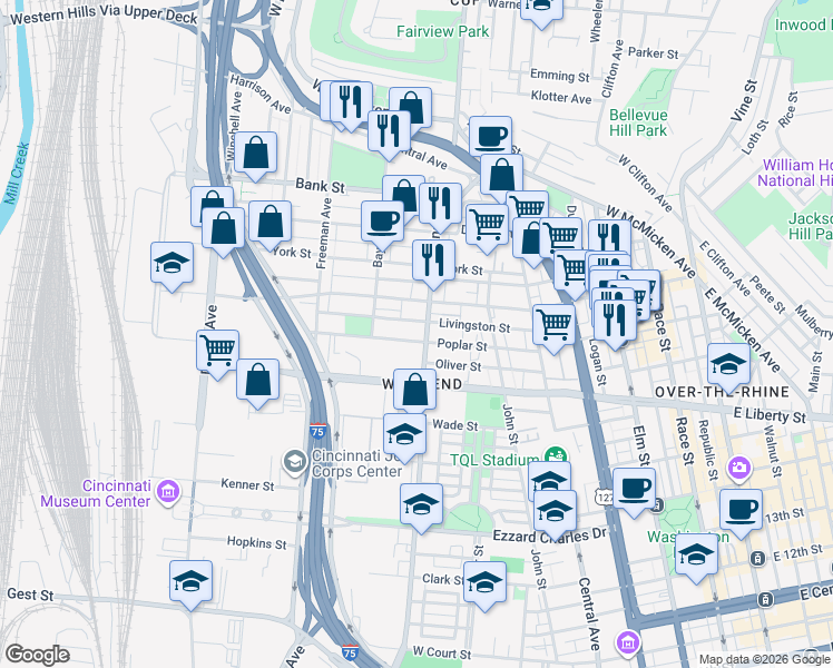 map of restaurants, bars, coffee shops, grocery stores, and more near 817 Livingston Street in Cincinnati