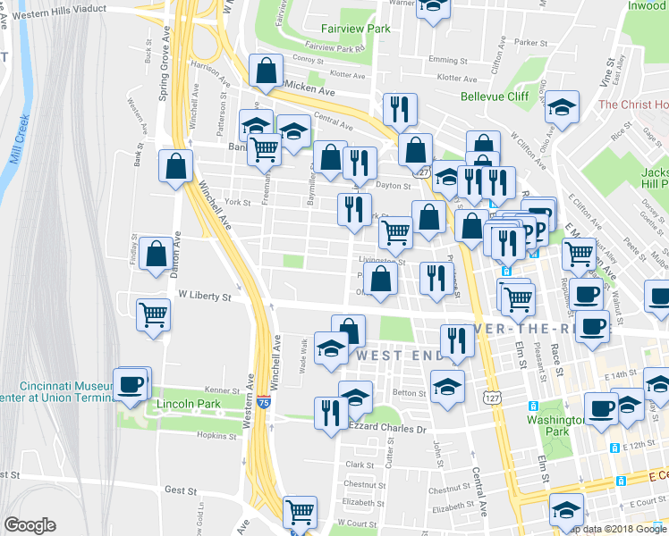 map of restaurants, bars, coffee shops, grocery stores, and more near 817 Livingston Street in Cincinnati