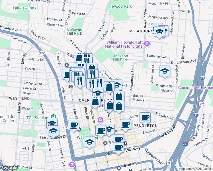 map of restaurants, bars, coffee shops, grocery stores, and more near 1705 Lang Street in Cincinnati