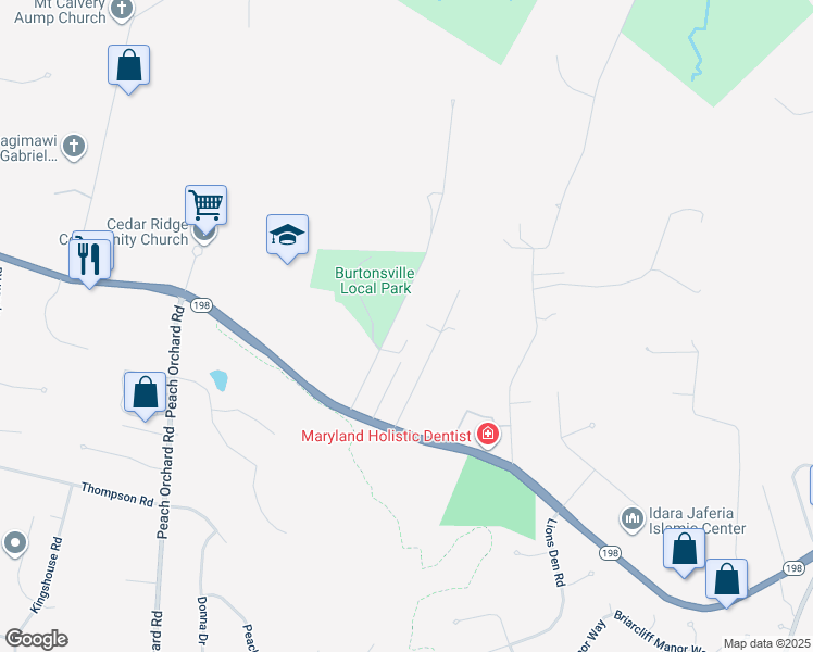 map of restaurants, bars, coffee shops, grocery stores, and more near 15709 Oursler Road in Burtonsville