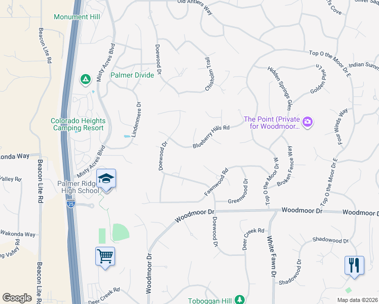 map of restaurants, bars, coffee shops, grocery stores, and more near 1495 Blueberry Hills Road in Monument