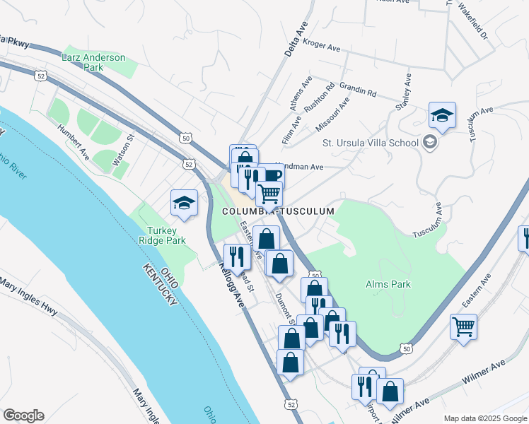 map of restaurants, bars, coffee shops, grocery stores, and more near 3573 U.S. 50 in Cincinnati