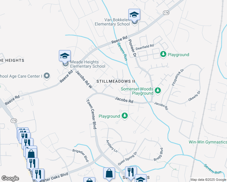 map of restaurants, bars, coffee shops, grocery stores, and more near 8239 Dunfield Court in Severn