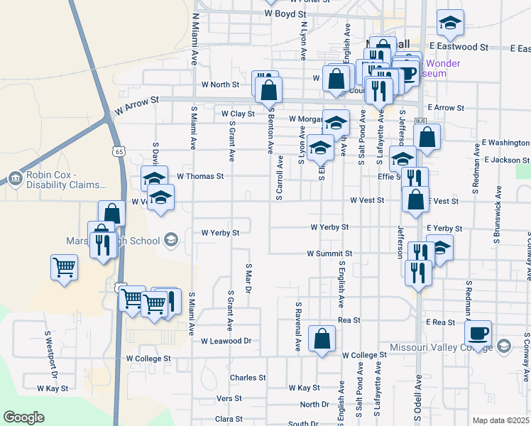 map of restaurants, bars, coffee shops, grocery stores, and more near 613 South Benton Avenue in Marshall