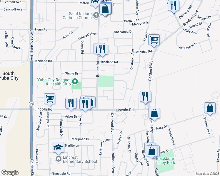 map of restaurants, bars, coffee shops, grocery stores, and more near 815 Kelli Drive in Yuba City