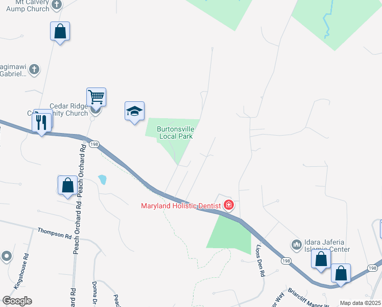 map of restaurants, bars, coffee shops, grocery stores, and more near 15709 Oursler Road in Burtonsville
