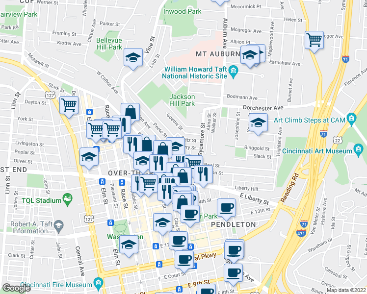 map of restaurants, bars, coffee shops, grocery stores, and more near 3405 Main Street in Cincinnati