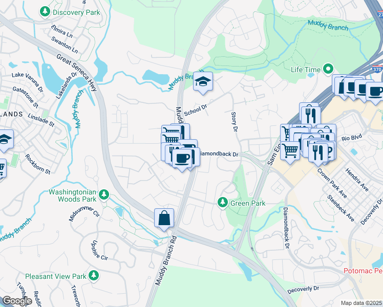 map of restaurants, bars, coffee shops, grocery stores, and more near Muddy Branch Rd & Diamondback Dr in Gaithersburg