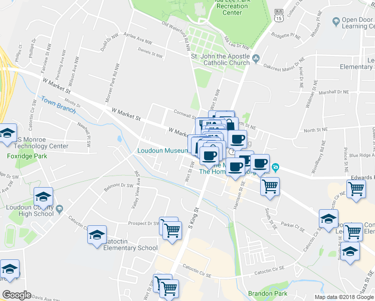 map of restaurants, bars, coffee shops, grocery stores, and more near 20 Liberty Street Southwest in Leesburg