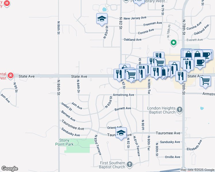 map of restaurants, bars, coffee shops, grocery stores, and more near 8231 Monroe Drive in Kansas City