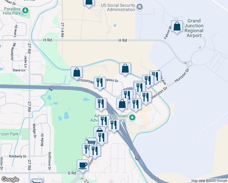 map of restaurants, bars, coffee shops, grocery stores, and more near 2770 Crossroads Boulevard in Grand Junction