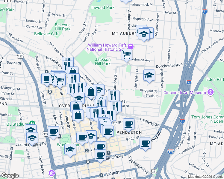 map of restaurants, bars, coffee shops, grocery stores, and more near 307 Seitz Street in Cincinnati